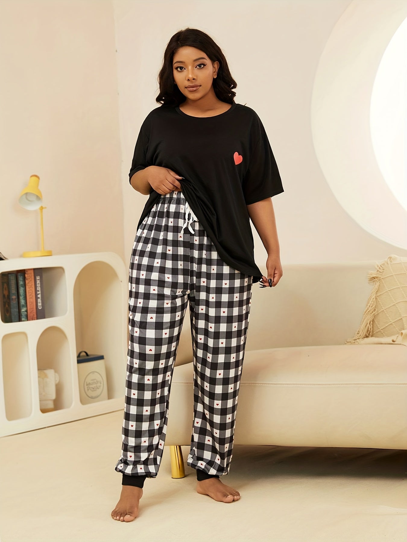 Gingham & Heart Print Nightdress Short Sleeve Round Neck