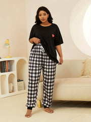 Gingham & Heart Print Nightdress Short Sleeve Round Neck