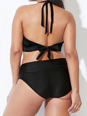 Solid V Neck Halter Bra & Panty Swimsuit Set