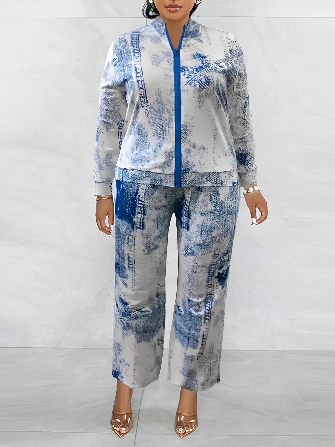 Tie Dye Zipper Jacket & Wide Leg Pants Set