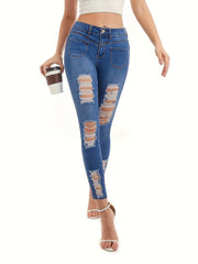 Solid Ripped High Stretch Skinny Jeans