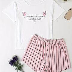 Casual Pajamas Set Cat & Letter Print Top & Striped Shorts