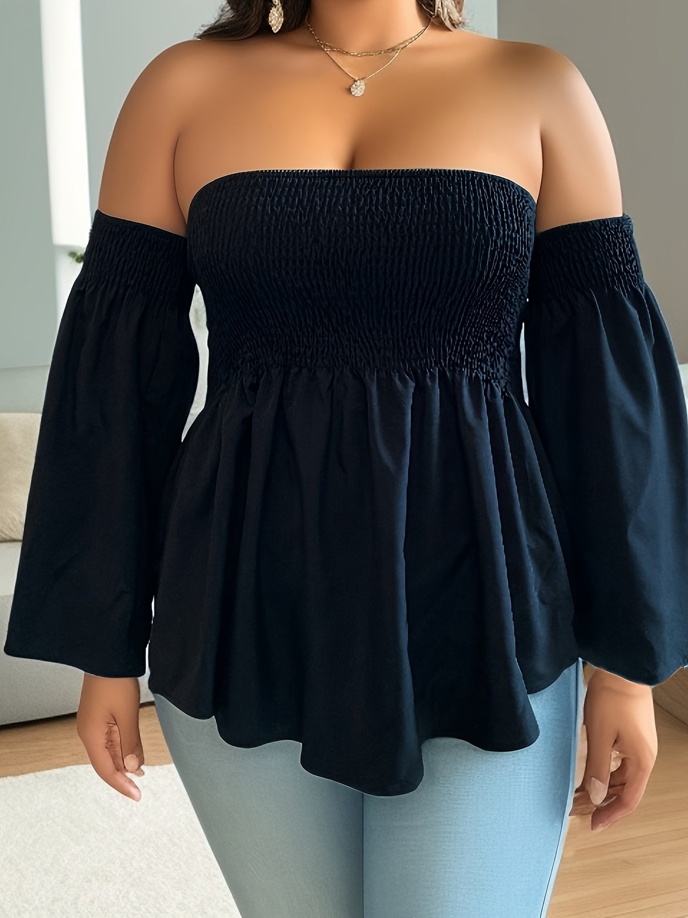 Sexy Blouse Women's Plus Solid Off Shoulder Bell Sleeve Top