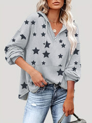 Star Print Kangaroo Pocket Zip Hoodie Drawstring Hoodies Sweatshirt