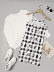 2 Piece Set Long Sleeve Top & Plaid Print Cami Dress Outfits