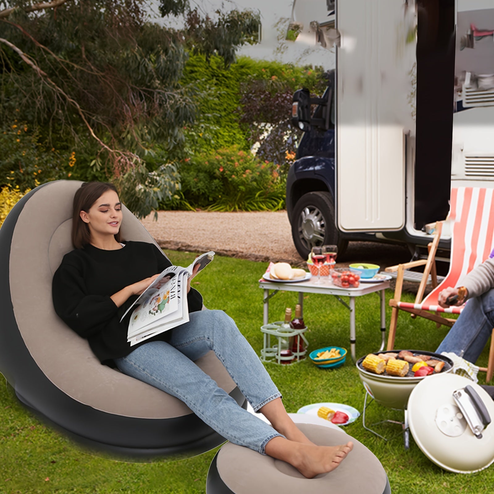 Portable Inflatable Lounge Chair with Footrest - Comfortable Outdoor Sofa Bed
