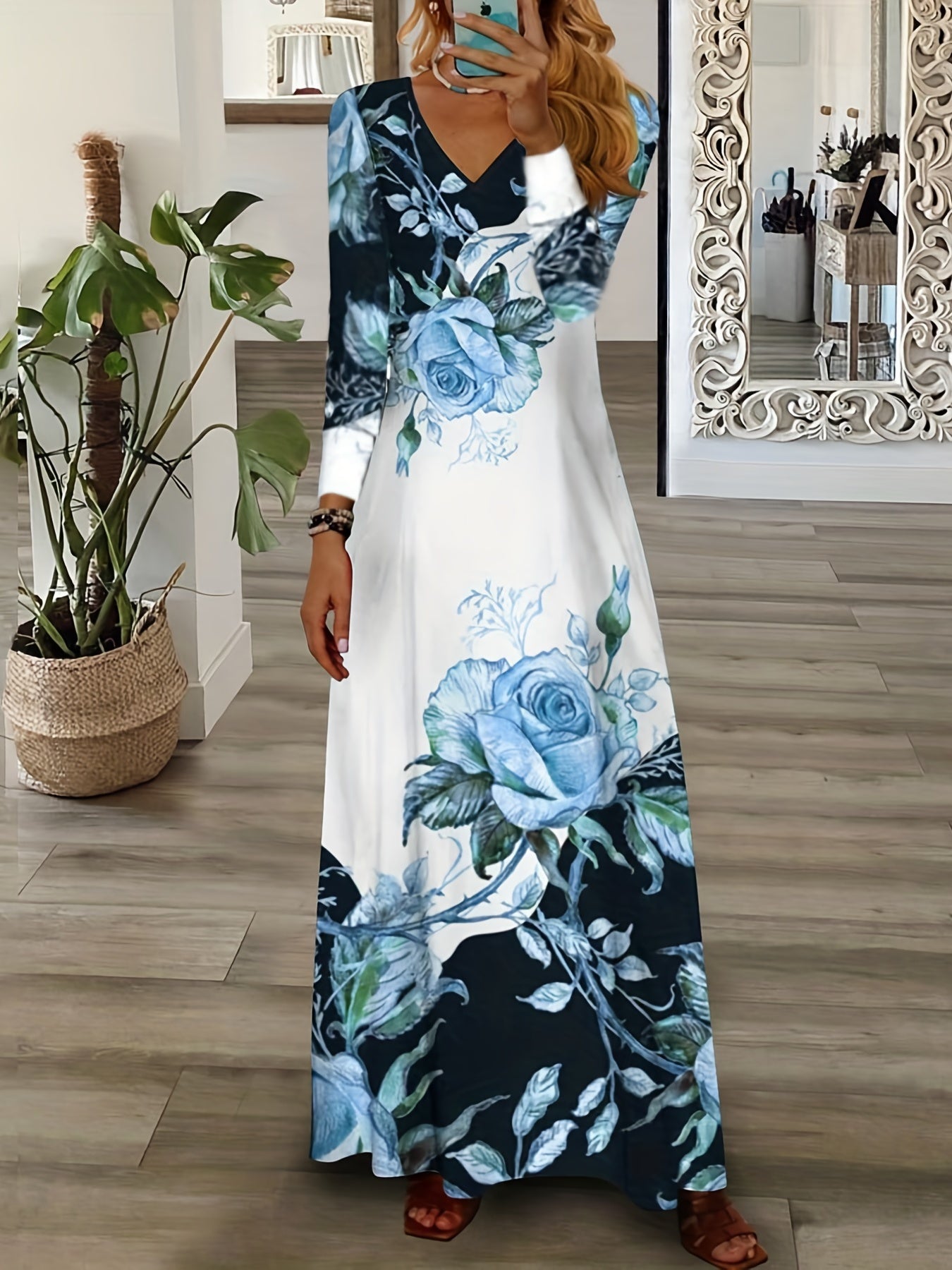 Floral Print V Neck Maxi Dress Long Sleeve Medium Stretch