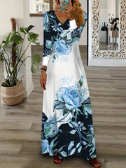 Floral Print V Neck Maxi Dress Long Sleeve Medium Stretch