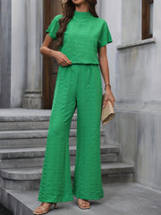 Casual Two-piece Set Crew Neck Short Sleeve Tops & Wide Leg Long Pants Outfit