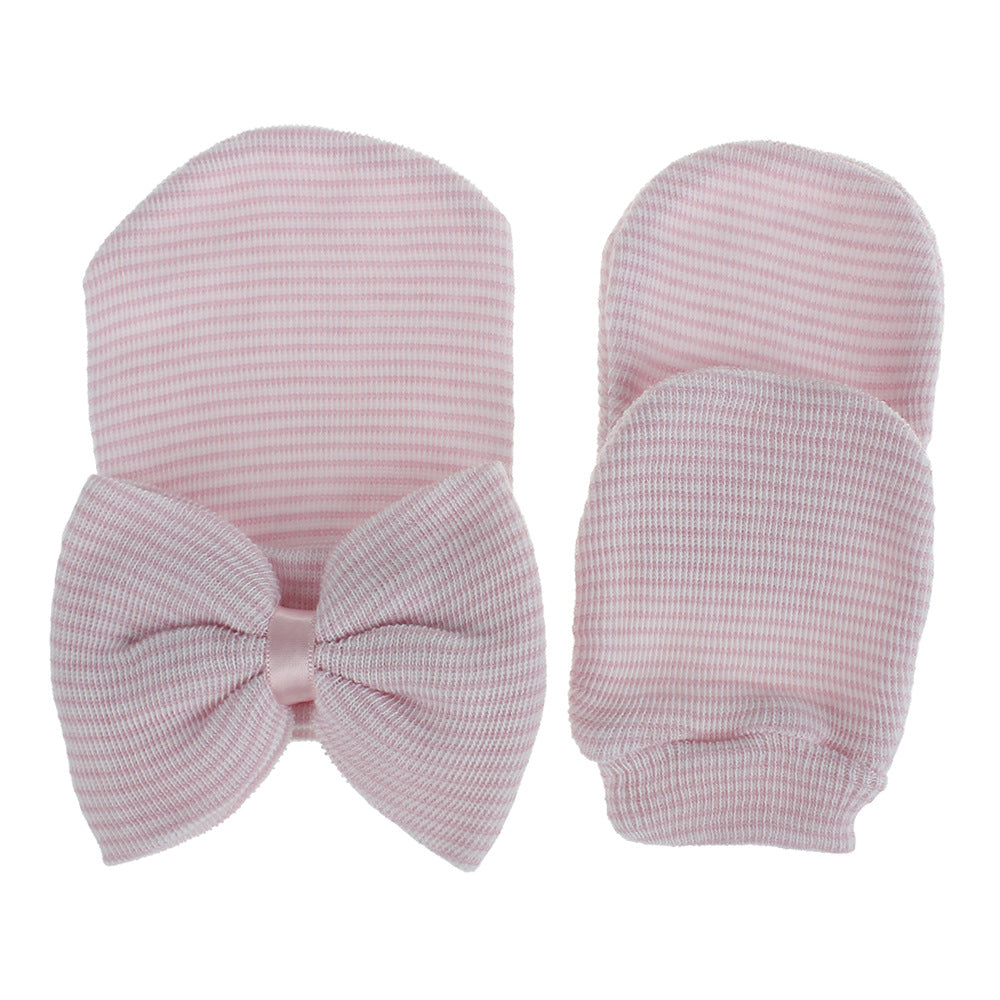 Baby Girls' Knit Bow Cap & Mittens Set for Autumn/Spring