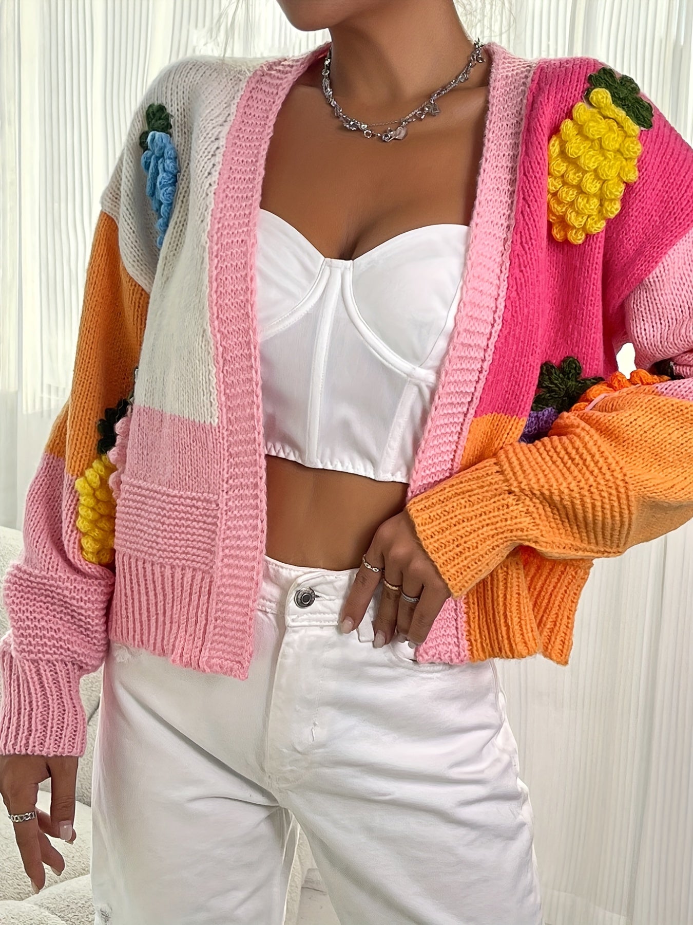 Fruit Embroidery Block Knit Cardigan Open Front Sweater