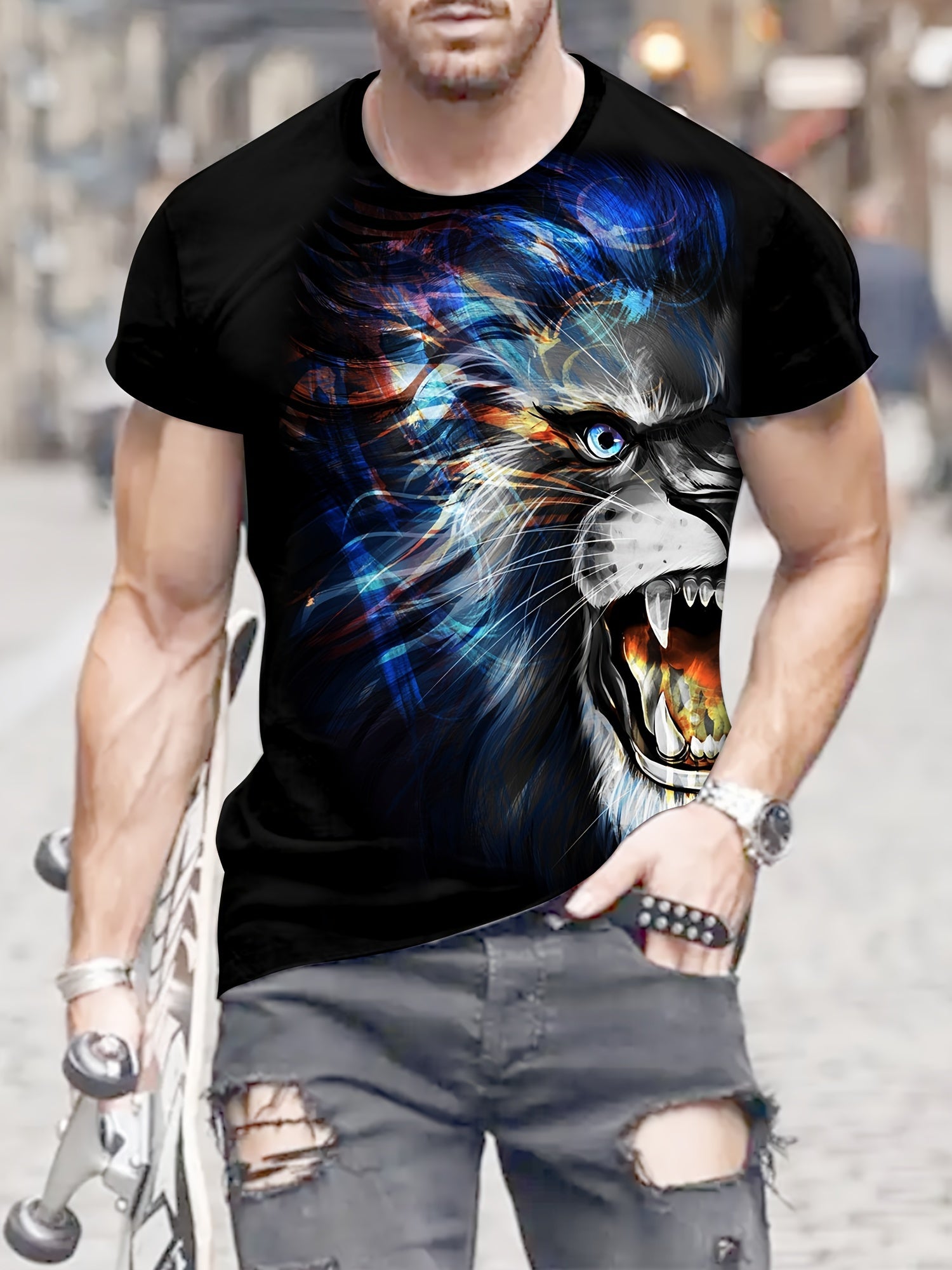 Lion 3d Pattern Print Men's Short Sleeve Comfy T-shirt Graphic Tee