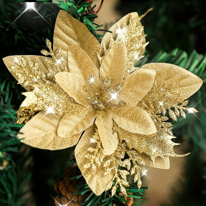 10pcs Artificial Flowers Christmas With Clips Stems Xmas Tree Ornaments Golden