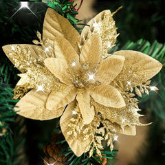 10pcs Artificial Flowers Christmas With Clips Stems Xmas Tree Ornaments Golden