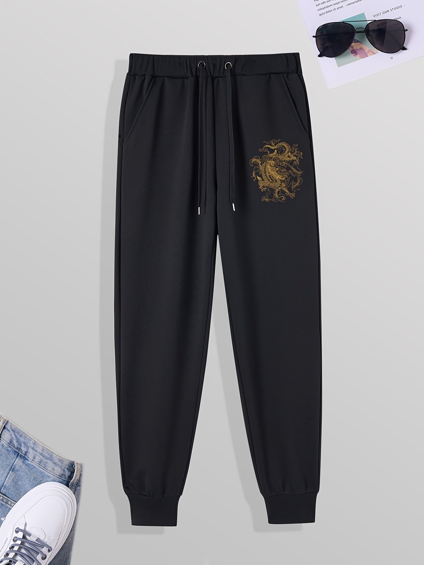 Men's Dragon Print Casual Sweatpants with Drawstring Pocket