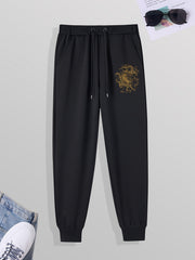 Men's Dragon Print Casual Sweatpants with Drawstring Pocket