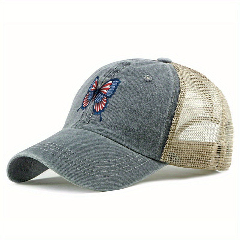 Flag Butterfly Baseball Cap Distressed Mesh Trucker Hat