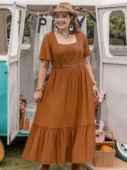 Boho Lace Maxi Smock Dress Short Sleeve Round Neck