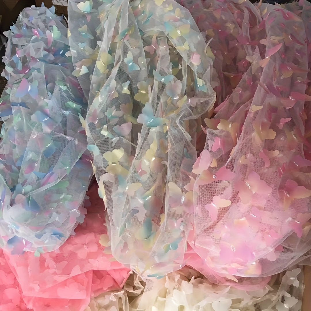 Rainbow Butterfly 3D Applique Flowers Mesh Lace Fabric 1 Yard
