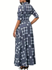 Geometric Print Button Up Maxi Shirt Dress