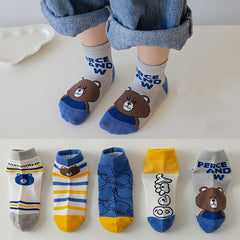 5 Pairs Boys Cartoon Bear Stripe Socks Spring Summer
