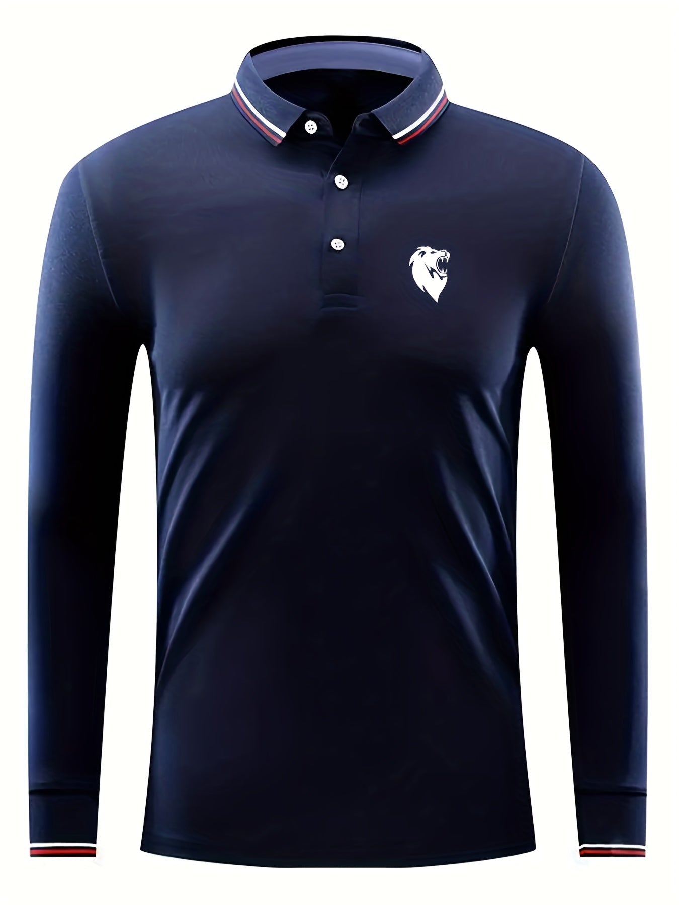 Men's Lion Head Print Long Sleeve Polo Shirt Casual Slightly Stretch