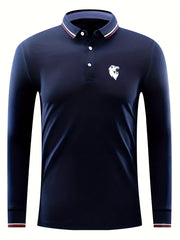 Men's Lion Head Print Long Sleeve Polo Shirt Casual Slightly Stretch
