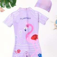 Flamingo Print Girls One Piece Swimsuit Short Sleeve Zipper Round Neck