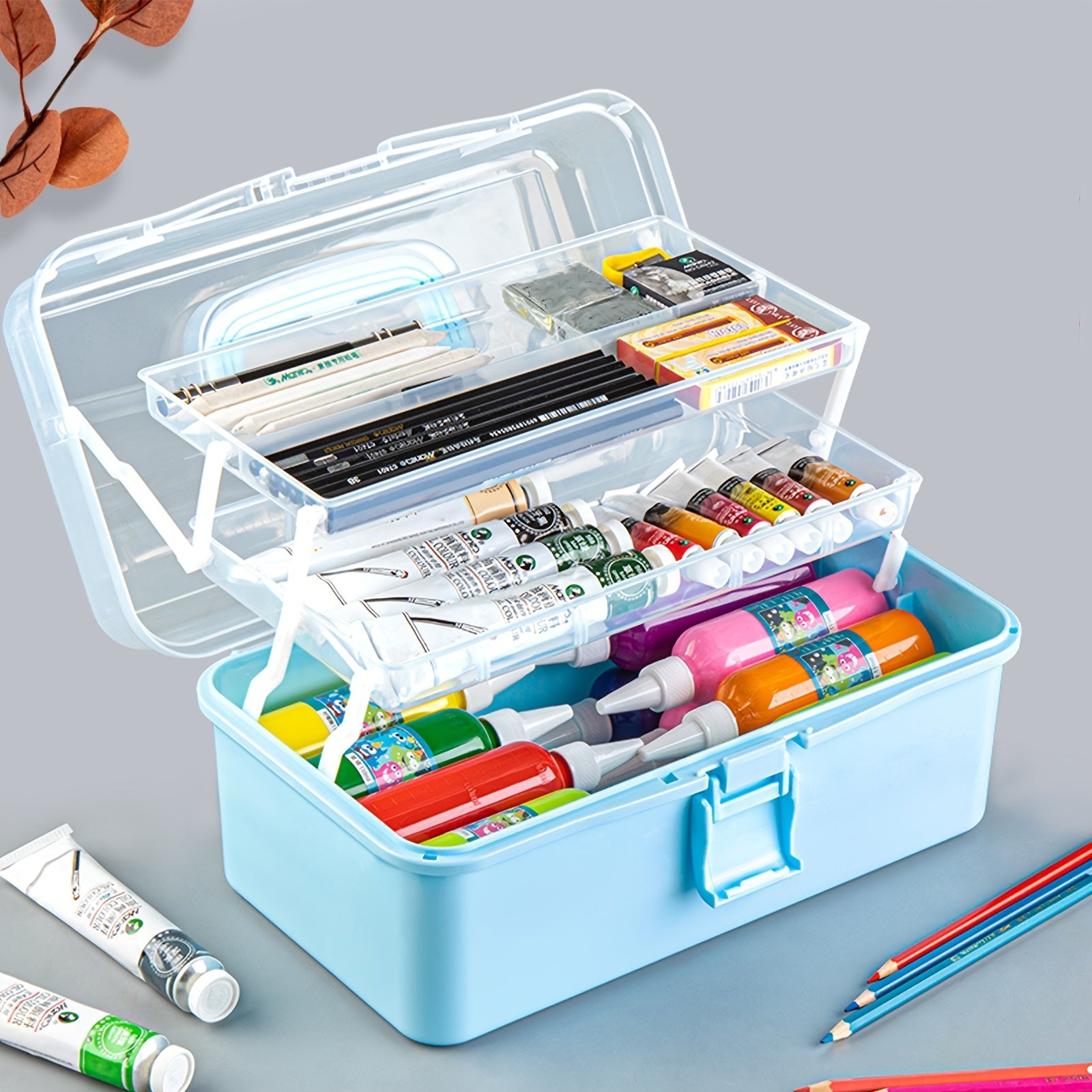 Clear Plastic Craft Storage Box 3 Layers Organizer with Handle