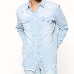 Men's Casual Denim Shirt Turn Down Collar Button Up