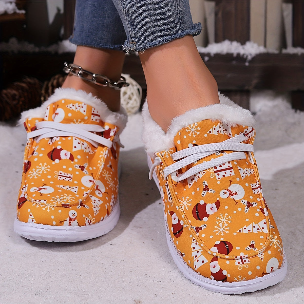Women's Christmas Snow Boots Santa Claus Snowman Pattern Winter Plush Warm