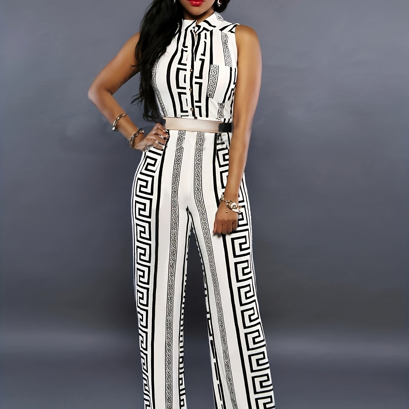 Geo Print Button Front Jumpsuit Sleeveless Wide Leg Jumpsuit