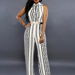 Geo Print Button Front Jumpsuit Sleeveless Wide Leg Jumpsuit