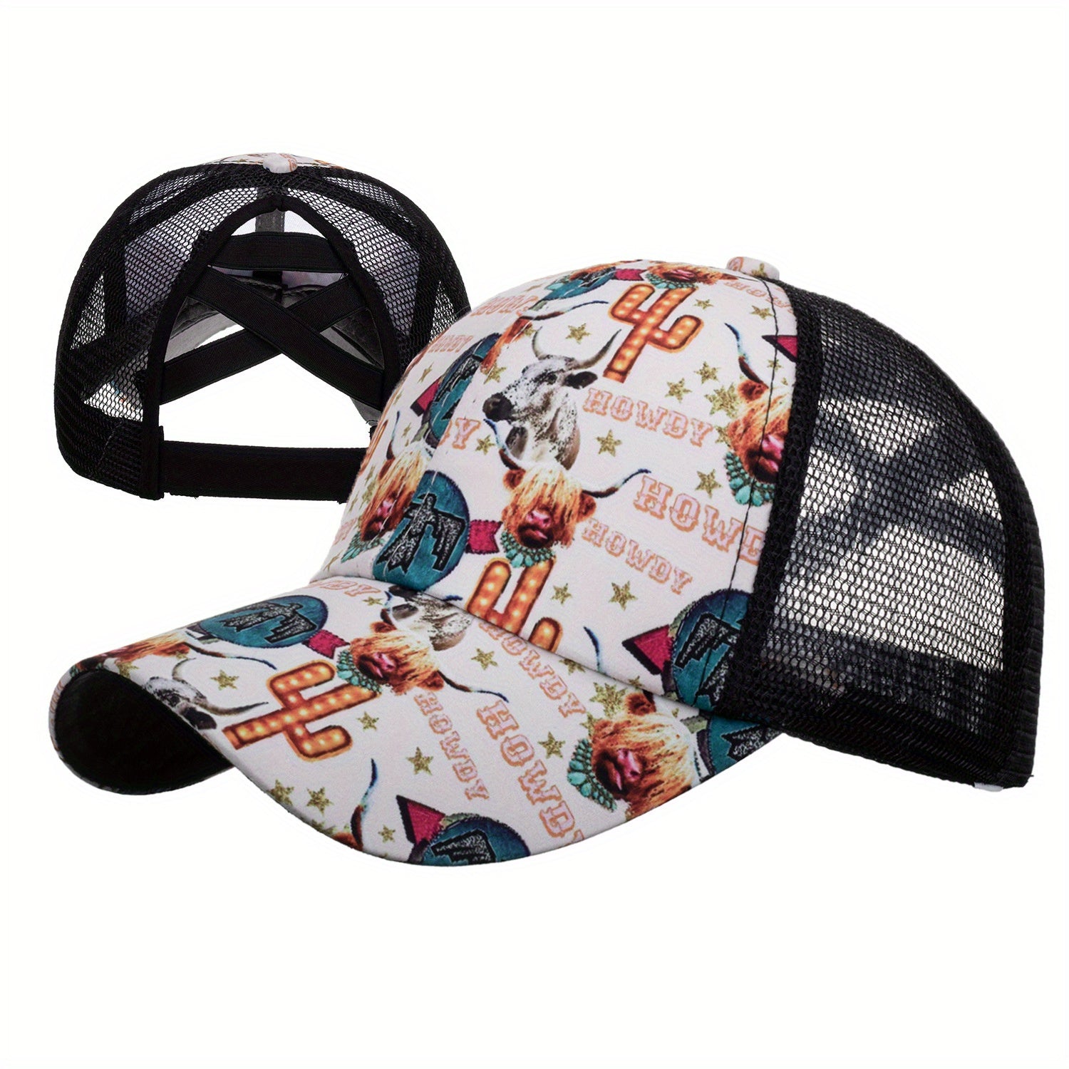 Cross Ponytail Baseball Cap Flag Grid Trucker Hat