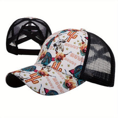 Cross Ponytail Baseball Cap Flag Grid Trucker Hat