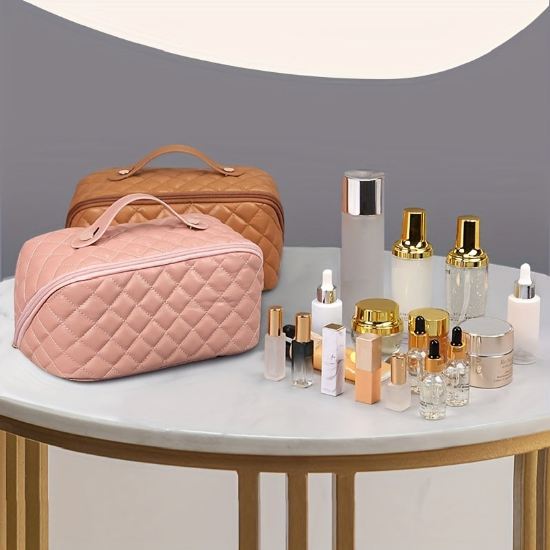 Large Capacity Waterproof PU Leather Cosmetic Bag with Divider and Handle