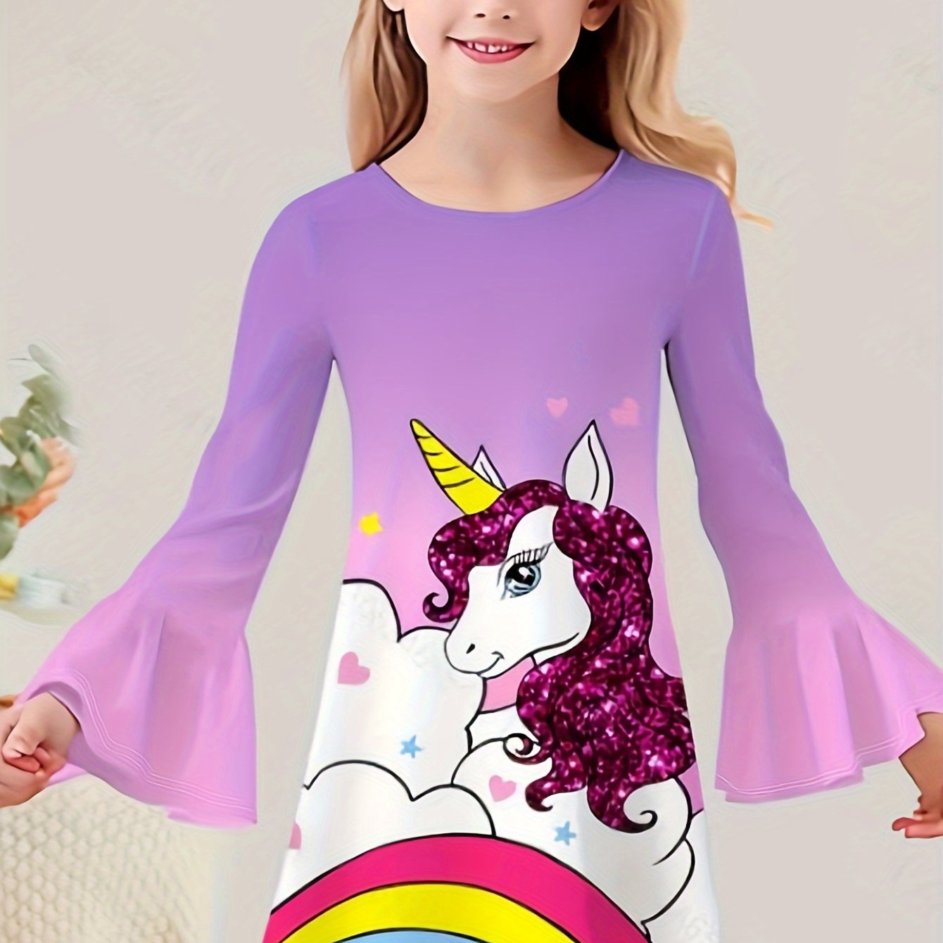Girls Sweet Unicorn Graphic Crew Neck Long Sleeve Dress