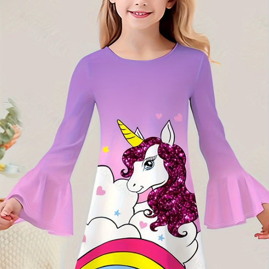 Girls Sweet Unicorn Graphic Crew Neck Long Sleeve Dress