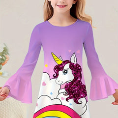 Girls Sweet Unicorn Graphic Crew Neck Long Sleeve Dress