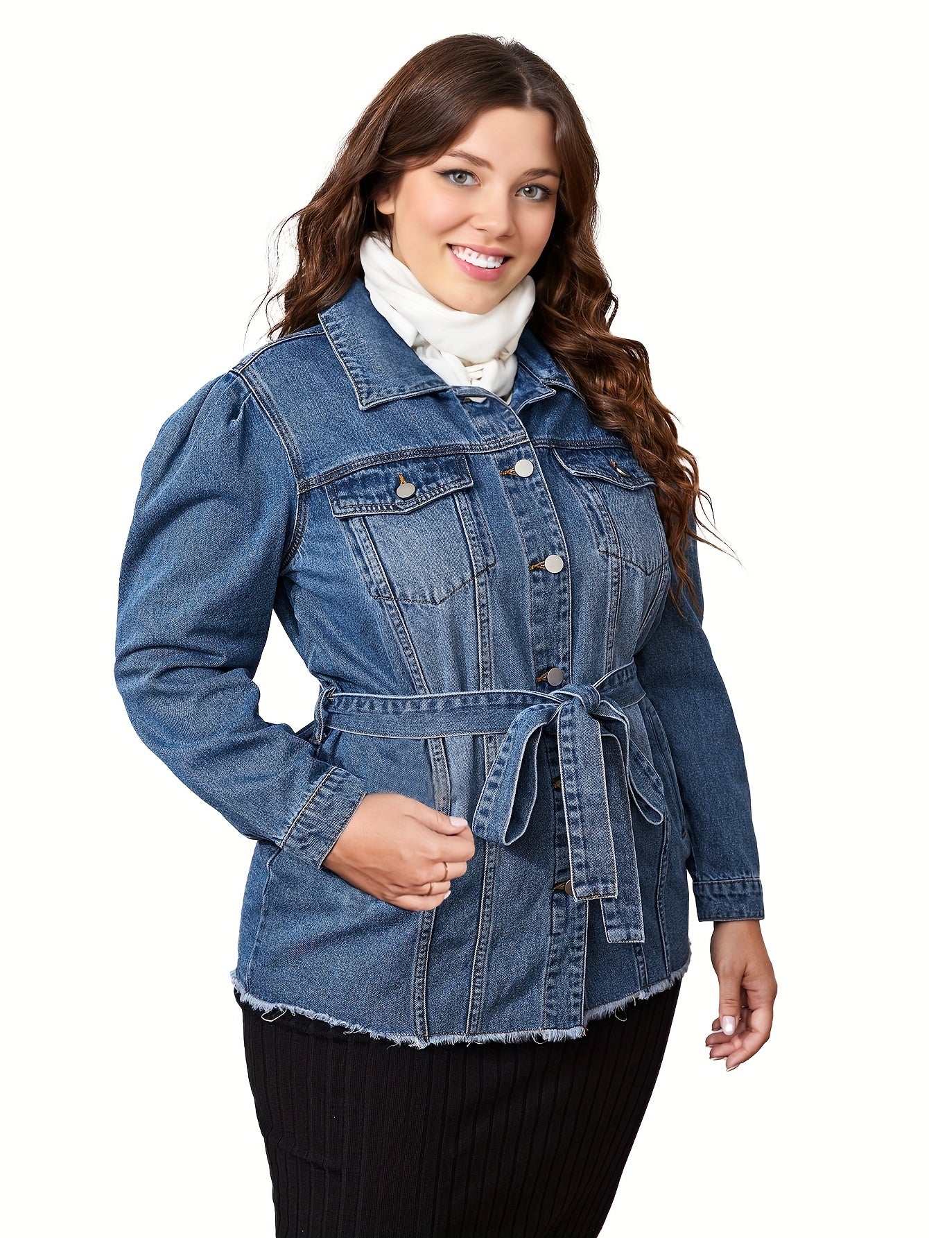 Sporty Denim Top Plus Size Long Puff Sleeve Lapel Collar Button Up