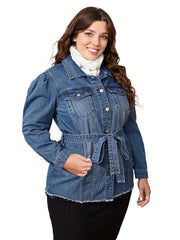 Sporty Denim Top Plus Size Long Puff Sleeve Lapel Collar Button Up
