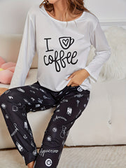 Graphic & Letter Print Pajama Set Long Sleeve Top & Pants