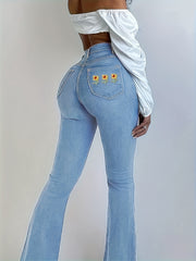 Floral Print High Rise Flared Leg Jeans