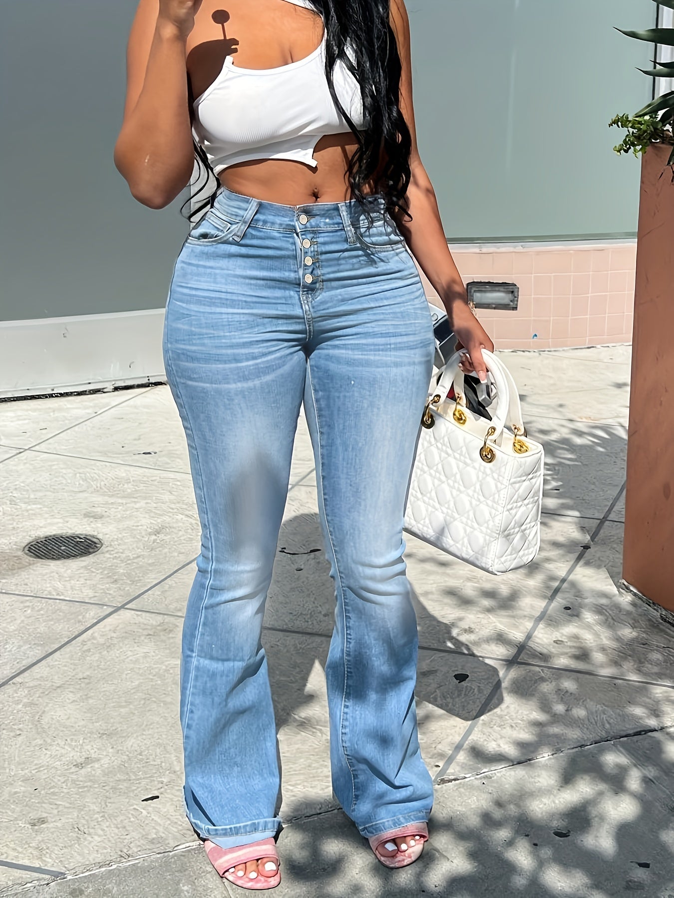 Whiskered Flared Legs Slim Fit Bell Bottom Jeans Women's Denim Jeans
