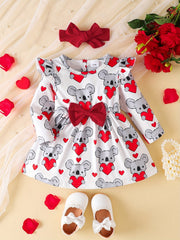 2pcs Baby Girls Heart And Bear Print Dress & Headband Set for Spring/Autumn
