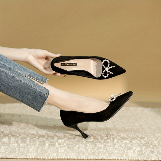 Women's Faux Pearl Bowknot Stiletto Heels Dress Pumps