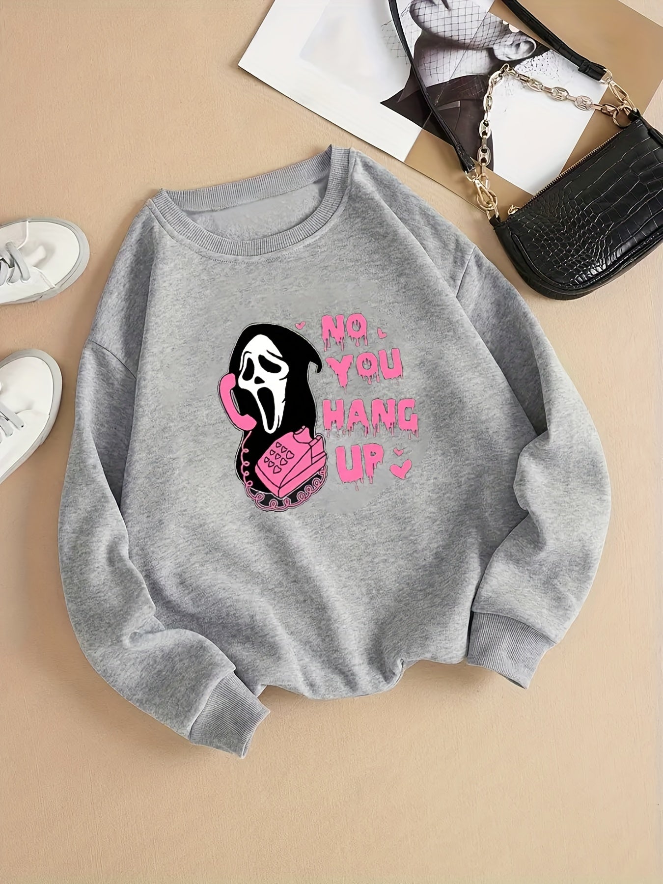 Skull & Letter Print Sweatshirt Crew Neck Casual Women's
