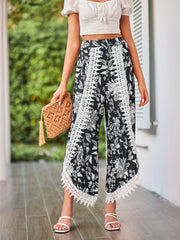 Paisley Print Lace Trim Wide Leg Pants for Women