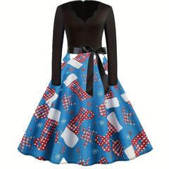 Women's Plus Snowflake & Socks Print Christmas Dress