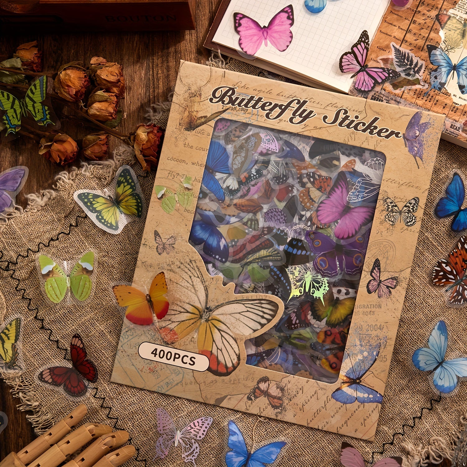 400pcs Holographic Butterfly Sticker Glitter Waterproof PET Scrapbook